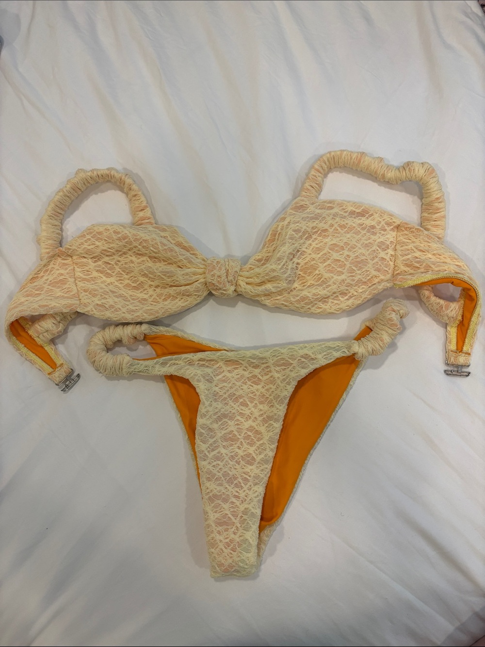 SHEIN Cream Lace Overlay Orange Lined Bikini Set